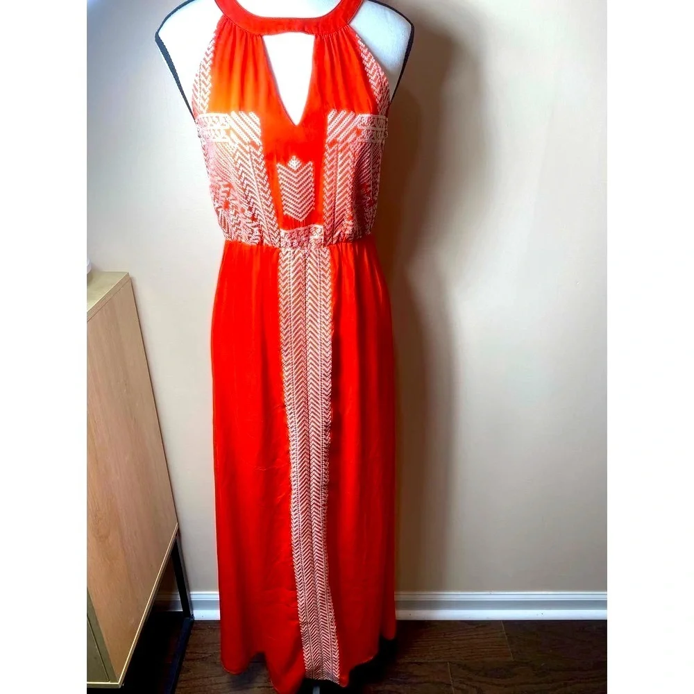 Anthropologie THML Orange Embroidered Boho Halter Maxi Dress size Small EUC - Picture 2 of 14